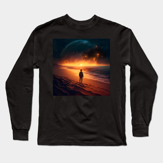 A young man standing on the beach enjoying the sunset Long Sleeve T-Shirt by MLArtifex